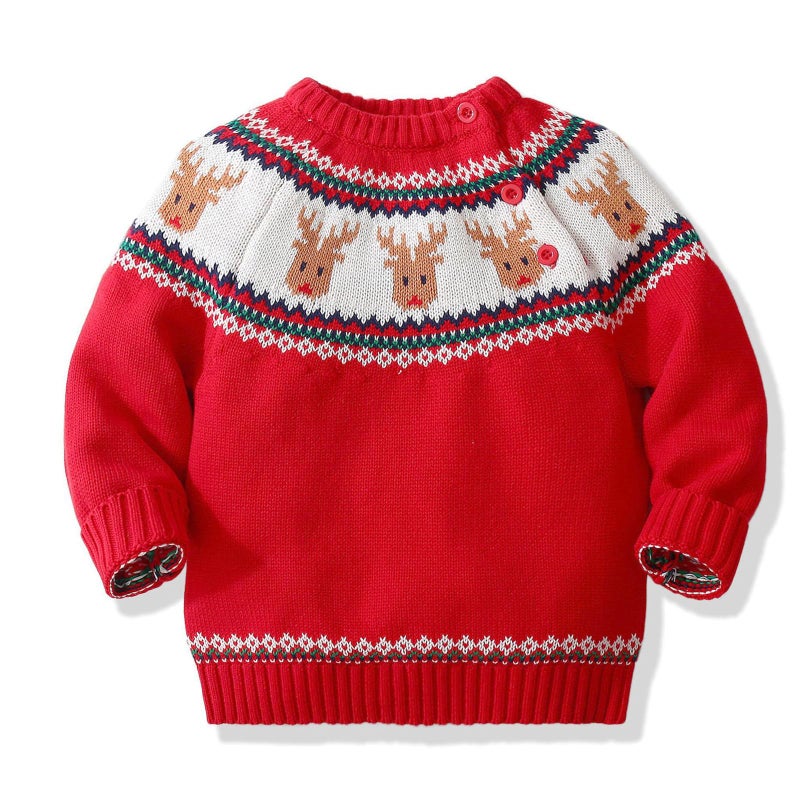 Miccina Baby Toddler Boys Girls Christmas Deer Knit Sweater Cotton Kids Crew Neck Pullover Sweatershirt (Red, 18-24 Months/Lable:90) - Image 1